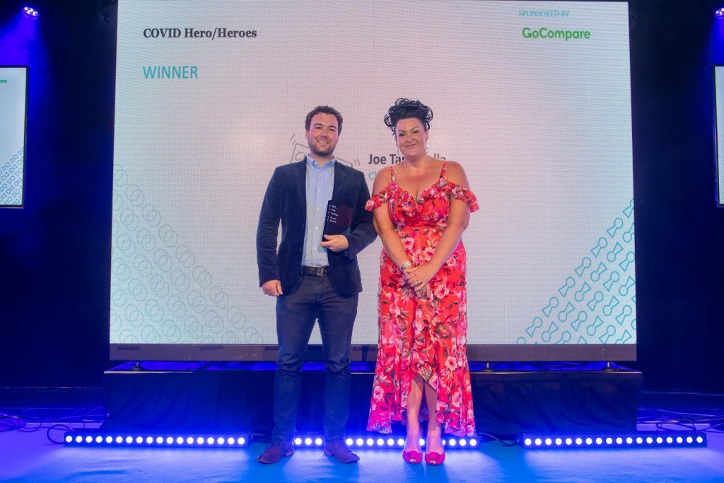 Joe Tannorella receiving the COVID Hero/Heroes Award at Fintech Wales Awards